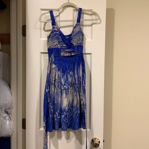 Silky blue and cream Anthropologie cocktail dress with removable tie